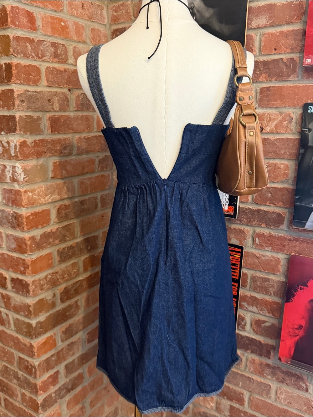 vintage navy blue denim mini babydoll dress with pockets - Picture 2 of 6